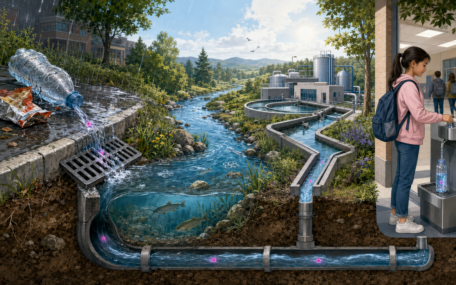 Illustrated river journey from plastic waste through treatment to a school water fountain